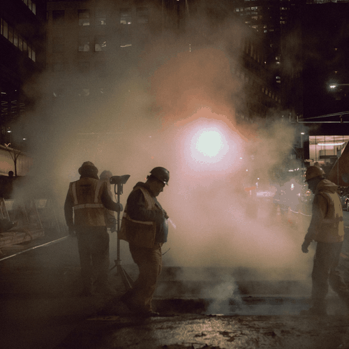 Workers under a floodlight in steam during night road works