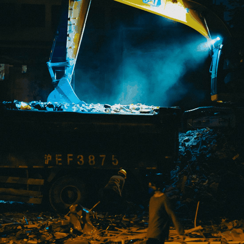 Excavator working at night on a lit site clearance job