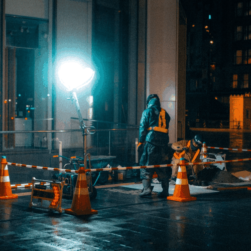 Portable floodlight lighting a night road works site with traffic cones and a crew